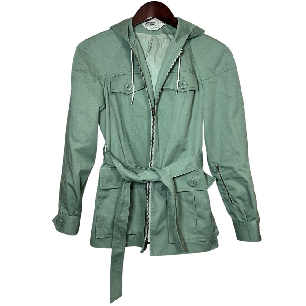 VTG 70s Montgomery Ward Utility Jacket Women Sz Small Green Hood Belt Safari 80s